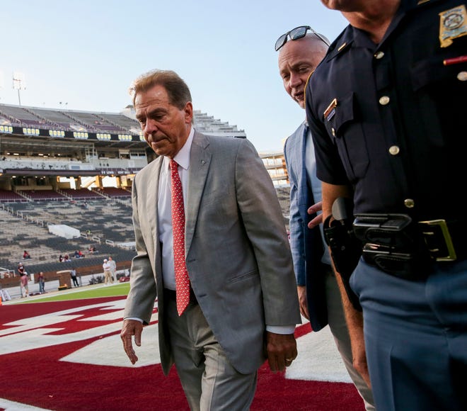 Sep 30, 2023; Starkville, Mississippi, USA; Alabama Crimson Tide head coach Nick Saban finishes his walk in Davis Wade Stadium at Mississippi State University prior to the game against the Bulldogs. Mandatory Credit: Gary Cosby Jr.-Tuscaloosa News