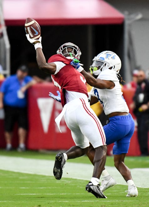 Sep 2, 2023; Tuscaloosa, Alabama, USA; Alabama Crimson Tide defensive back Terrion Arnold (3) breaks up a pass intended for Middle Tennessee Blue Raiders wide receiver DJ England-Chisolm (3) at Bryant-Denny Stadium. Mandatory Credit: Gary Cosby Jr.-USA TODAY Sports