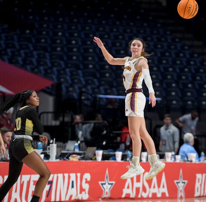 Spring Garden's Ace Austin (1) deflects a pass by Elba’s A'lyric Whitfield (10) in their AHSAA Class 1A girls semi-final game at Legacy Arena in Birmingham, Ala., on Monday February 26, 2024.
