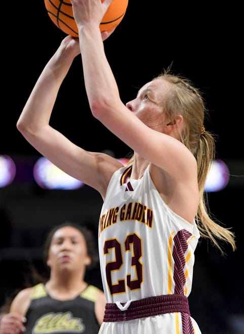 Spring Garden's Libby Brown (23) shoots against Elba in their AHSAA Class 1A girls semi-final game at Legacy Arena in Birmingham, Ala., on Monday February 26, 2024.