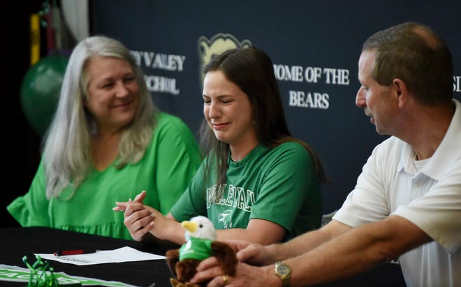 April 18, 2024; Tuscaloosa, AL, USA; Lillie Pate celebrates her signing day at Sipsey Valley High. Pate will play volleyball at Meridian Community College. Pate struggles with her emotions as she thanks her mother Appi and father Mike.