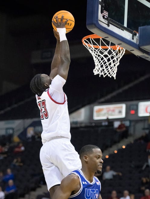 Dou Gueye (23) dunks on a fast break during the University of Texas at Arlington vs. Louisiana men’s basketball game in the first round of the Sun Belt Conference championship tournament at the Pensacola Bay Center in Pensacola on Thursday, March 3, 2022.